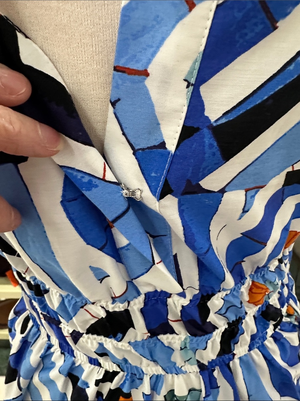 Anthropologie Blue Geometric Print Tiered Maxi Dress with Orange Accents. - Picture 4 of 8